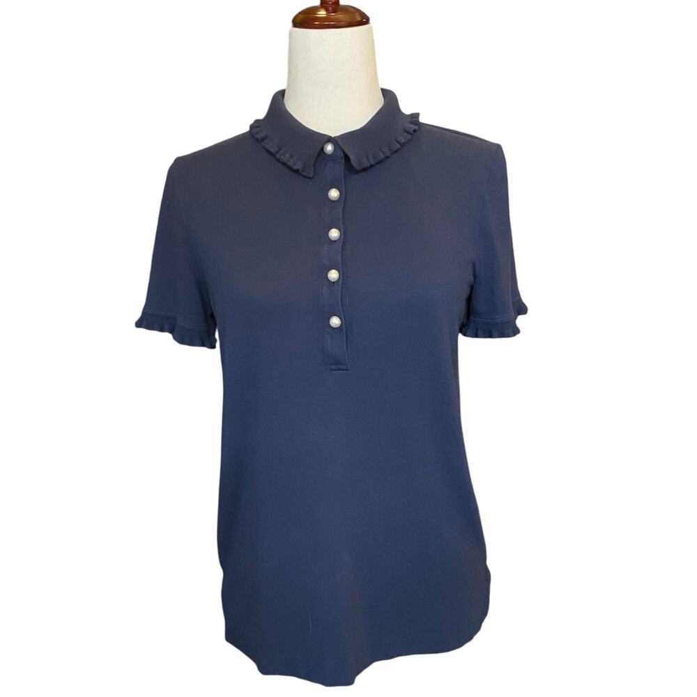 Tory Burch Pearl Button Polo Womens M Lettuce Hem Collar and Sleeves Navy Preppy